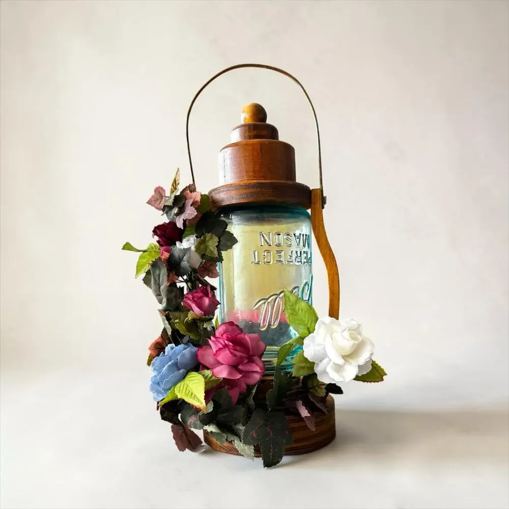 Vintage Handmade Wood Candle Lantern Aqua Perfect Mason Jar Silk Flowers